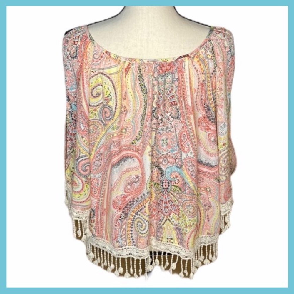 MmMmMm Cold Shoulder Pastels Paisley Fringed Top
